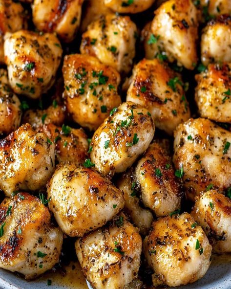 Sautéed Garlic Butter Chicken Bites with Fresh Herbs - optimal recipes Buttery Garlic Chicken, Easy Recipes Dinner For Beginners, Garlic Herb Steak Bites, Garlic Lovers Recipes, Dinner For Groups Of People, Garlic Butter Chicken Bites With Pasta, Garlic Butter Chicken Bites With Parmesan Pasta, Golden Garlic Chicken Bites Over Creamy Parmesan Pasta, Lemon And Garlic Chicken Bites