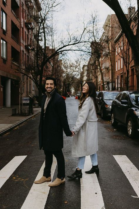 Nyc Photoshoot Ideas Couple, West Village Photoshoot, West Village Engagement Photos, Small Town Engagement Photos, City Engagement Photos Outfit, Nyc Photoshoot Ideas, Downtown Couple, City Couples Photography, Winter Engagement Photos Outfits