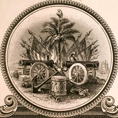 The coat of arms of Haiti was originally introduced in 1807, and has appeared in its current form since 1986. It shows six draped flags of the country, three on each side, which are located before a palm tree and cannons on a green lawn. On the lawn various items are found, such as a drum, bugles, long guns, and ship anchors. Above the palm tree, there is a Phrygian cap placed as a symbol of freedom. On the lawn between the drum and the ribbon there were supposed to be two pieces of chain wi Haitian Flag Tattoo, Haitian Tattoo, Haiti Tattoo, Family Crest Template, Coat Of Arms Tattoo, Haiti Country, Chest And Back Tattoo, Haiti History, Tattoo Chart