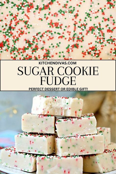 Collage of closeup shot of uncut sugar cookie fudge at top and stack of sugar cookie fudge squares on plate at bottom. Sugar Cookie Fudge 3 Ingredients, Sugar Cookies Fudge, Sugar Cookie Fudge Recipe Easy, 3 Ingredient Sugar Cookie Fudge, Sugar Cookie Christmas Fudge, Frosting Fudge Recipes Easy, Christmas Cookie Fudge, Fudge Gift Packaging Ideas, Sugar Cookie Fudge Recipe