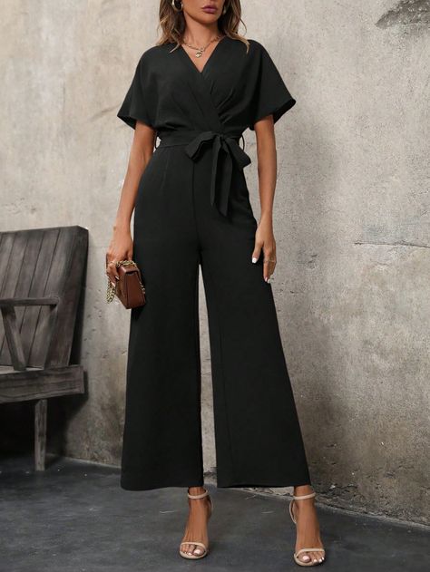 Black Elegant Collar Half Sleeve Fabric Plain Other Embellished Non-Stretch  Women Clothing Jumpsuit With Belt, Surplice Neckline, Wide Leg Jumpsuit, Batwing Sleeve, Kids Beachwear, Bat Wings, Half Sleeve, Half Sleeves, Jumpsuits For Women