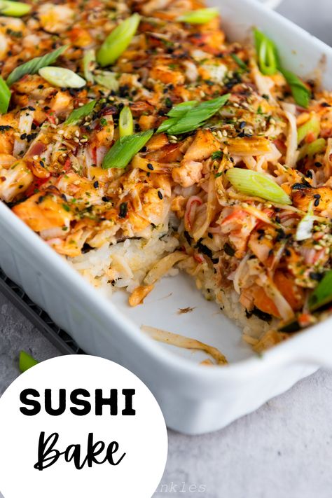 This Sushi bake AKA sushi casserole is so easy to make and has all the sushi flavors that you love. With just 15 minutes of prep, you will be serving this delicious sushi dish in less than an hour. Japanese Lasagna Sushi Recipe, Shrimp And Crab Sushi Bake, Thanksgiving Sushi, Sushi Flavors, Sushi Stacks Recipe, Sushi Casserole, Sushi Bake Recipe, Sushi Bake, Sushi Dishes