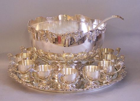 german punch bowl set | Large solid sterling silver punch bowl set made by Peter Ferner 20th c Pretty Silverware, Silver Punch Bowl, Silver Utensils, Southern Humor, Christmas Sayings, Fairhope Al, Southern Christmas, Silver Tea Set, Pooja Items