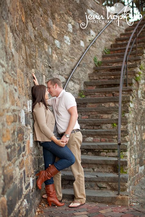 Engagement Photos Against Wall, Engagement Photos Stone Wall, Downtown Savannah Engagement Photos, Engagement Photos On Steps, Savannah Georgia Engagement Pictures, Savannah Engagement Photos, Savannah Ga Wedding, Savannah Georgia Wedding, Hosier Lane