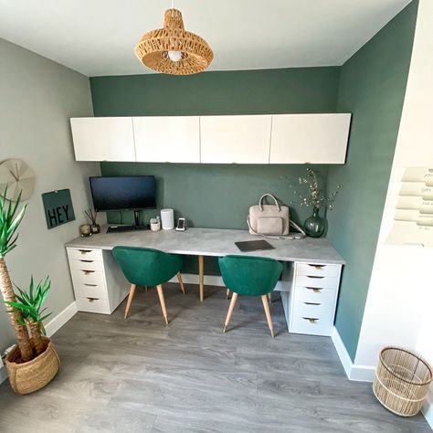 Silver eucalyptus by Valspar Ikea Desk Wall Unit, Ikea Home Office For Two, Säljan Ikea Desk, Living Room Desk Ideas, Ikea Office Ideas Workspaces, Ikea Desk Setup, Blue Study, Household Design, Loft Desk