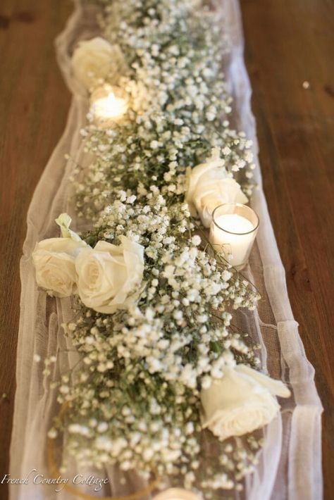 DIY Wedding Garland- Baby's Breath & Roses - French Country Cottage French Country Wedding Decor, Diy Wedding Garland, French Country Wedding, White Roses Wedding, White Wedding Theme, Reception Tables, Rose Centerpieces, French Country Cottage, Garland Wedding