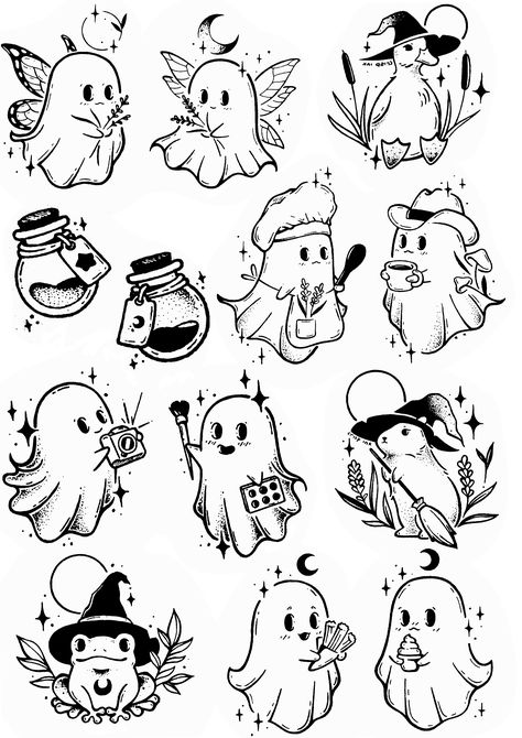 Ghost Friends Tattoo, Spooky Line Work Tattoos, Flash Sheets Simple, Easy Halloween Tattoo Flash, Ghost Flash Sheet, October Flash Tattoo, Cute Halloween Flash Tattoo, Grim Reaper Doodle, Halloween Monster Drawing