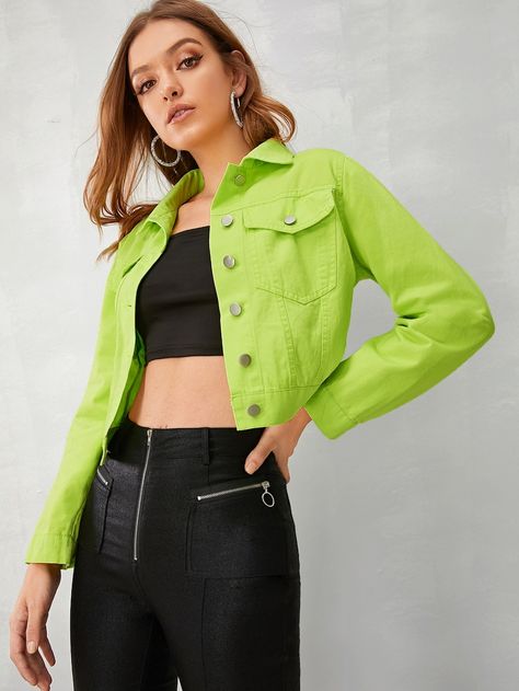 Neon Green Button Through Denim Jacket | SHEIN USA Neon And Denim Outfits, Neon Green Jacket Outfit, Lime Green Jacket Outfit, Neon Jacket Outfit, Neon Green Clothes, Girly Jackets, Nctzen Outfit, Neon Green Jacket, Ropa Color Neon