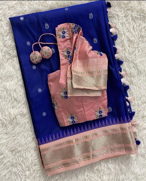 Dark Blue Saree Blouse Combination, Saree And Blouse Color Combinations, Saree Combinations Color Combos, Traditional Saree Blouse Designs, Saree Color Combinations, Simple Blouses, Latest Bridal Blouse Designs, Blouses Designs, Latest Blouse Designs Pattern