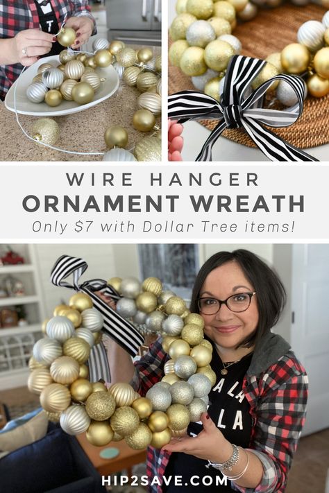 Christmas Wreaths Using Wire Form, Wire Hanger Christmas Wreath, Hanger Wreath Diy Christmas, Wire Hanger Wreaths, How To Make An Ornament Wreath, Diy Christmas Wreath Ornaments, Diy Wreath Form, Christmas Ornament Wreath Diy, Ornament Wreath Hanger