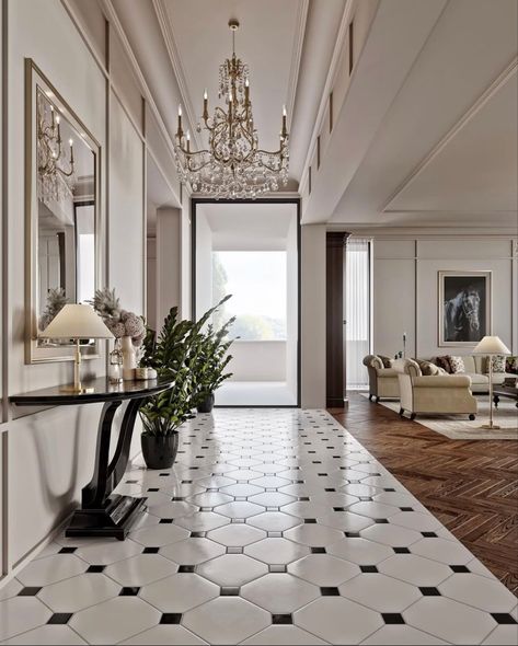 Neoclassical Home, Cozy Baby Room, Foyer Flooring, Tiled Hallway, Hallway Flooring, Hallway Designs, Hallway Design, Flooring Inspiration, Foyer Design