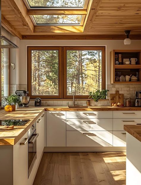 Wood Cupboards Kitchen, House Renovation Aesthetic, Wooden House Interior Design, Kitchen Natural Light, Light Wood House, Trendy Kitchen Design, U Shaped Kitchen, Apartment Aesthetic, Kitchen Inspiration Design