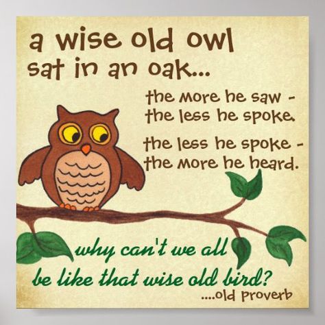 $8.75 | Wise Old Owl - Proverb - Mini Poster #proverb, owl, wise, bird, wise old owl, cute, funny, words to live by Wise Old Owl, Owl Posters, Word Poster, Wedding Poems, Positive Phrases, Memorial Signs, Serenity Prayer, Morning Affirmations, Wise Owl