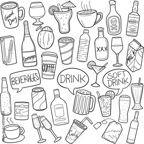 Stock Image: Drinks and Beverages Doodle Icon Hand Draw Line Art Beverage Drawing, Drinks Doodle, Drinks Drawing, Cocktails Drawing, Drink Doodles, Coffee Doodle, Doodle Icons, Doodle Frames, Theme Tattoo