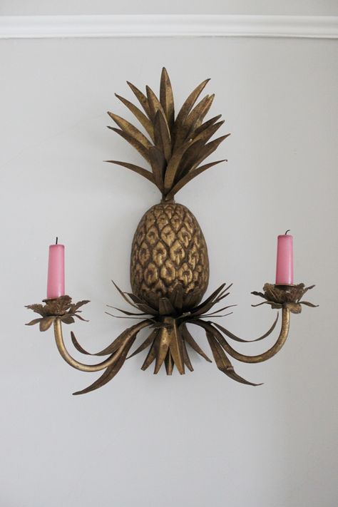 I've been a little bit in love with pineapple sconces since I saw this gorgeous shot of a bedroom on Little Green Notebook earlier this year. For months and months, I scoured eBay looking for something vintage with no luck. OK, it was more than a little bit in love.I was… Pineapple Decor, Pink Candles, Interior Trend, Somerset, Kids Crafts, Kitsch, Interior Inspiration, The Wall, Candle Holder