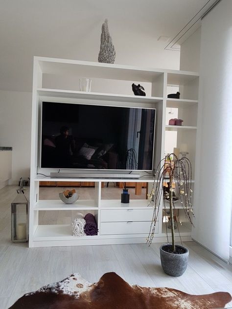 Room Seperator, Tv Living Room Ideas, Tv Shelf Design, Tv Stand Room Divider, Living Room Tv Unit Designs, Living Room Tv Unit, Diy House Renovations, Warm Decor, Deco Studio