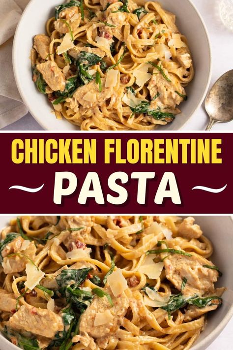 Featuring chicken and spinach in a creamy Parmesan sauce, this tasty chicken florentine pasta recipe is guaranteed to become a new family favorite! Florentine Pasta, Chicken Florentine Pasta, Creamy Spinach Sauce, Chicken Pasta Casserole, Creamy Parmesan Sauce, Chicken Florentine, Easy Skillet Meals, Chicken Recipies, Easy Skillet