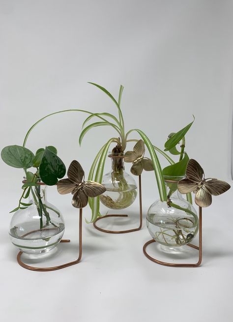 Introducing our Tabletop Bulb Vase Hanger, a stunning piece that combines elegance with functionality. Featuring a delicate brass butterfly perched on the stand, this piece offers a charming touch of nature-inspired beauty. The handblown glass bulb vase is perfect for displaying your favorite flowers or propagating plants, making it an ideal centerpiece for any space. Its timeless design adds a sophisticated yet whimsical accent to your home decor. Brass Butterfly, Bulb Vase, Plant Propagation, Favorite Flowers, Propagating Plants, Hand Blown Glass, Nature Inspired, Home Accents, Timeless Design