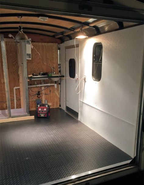 Couple's Cargo Trailer Camper Conversion Enclosed Trailer Camper Conversion, Utility Trailer Upgrades, Converted Cargo Trailer, Utility Trailer Camper, Trailer Camper Conversion, Hunting Trailer, Enclosed Trailer Camper, Cargo Trailer Camper Conversion, Toy Hauler Camper