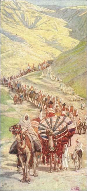 Abram's Caravan Out of Egypt. BIBLE SCRIPTURE: Genesis 13:Genesis 13:1, "And Abram went up out of Egypt, he, and his wife, and all that he had, and Lot with him, into the south." James Tissot, The Caravan, Jewish Museum, Bible History, Bible Pictures, Biblical Art, Oil Painting Reproductions, Old Testament, Painting Reproductions