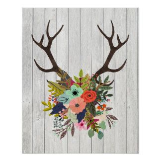 Rustic Deer Antlers with Flowers Poster