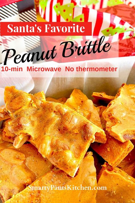 Peanut brittle in decorative gift box. Southern Christmas Recipes, Easy Peanut Brittle Recipe, Homemade Peanut Brittle, Microwave Peanut Brittle, Easy Christmas Desserts, Easy Christmas Candy, Holiday Candy Recipes, Microwave Recipe, Christmas Candy Easy