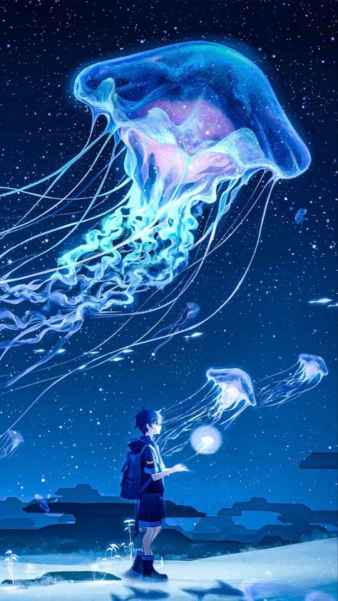 I kinda get Noragami vibes from this… Jellyfish In The Sky, Water Animals Art, Aquarium Drawing, Underwater Drawing, Jellyfish Painting, Jellyfish Drawing, Jellyfish Art, Underwater Art, Underwater Creatures