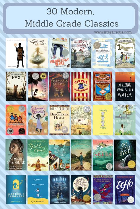 30 Modern, Middle Grade Classics - Literacious Books For 7th Graders, 5th Grade Books, Middle School Books, Middle School Libraries, Kid Books, 6th Grade Reading, Middle School Reading, Middle Grade Books, Summer Reading Lists