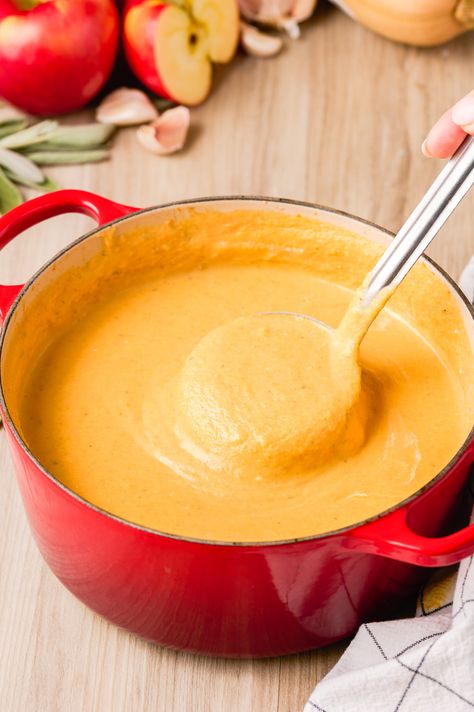 Apple Butternut Squash Soup Recipe - Frugal Mom Eh! Panera Butternut Squash Soup, Butternut Apple Soup, Butternut Squash Soup With Apples, Squash Apple Soup Recipe, Apple Butternut Squash Soup, Squash Soup With Apple, Apple Soup Recipes, Squash Apple Soup, Butternut Squash Apple Soup