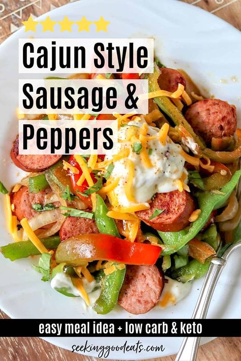 A tasty quick and easy cajun style sausage and peppers recipe! This low carb and keto recipe is delicious and packed with flavor! Cajun sausage and peppers is a one-pan dinner that you can whip together in a hurry. Only a few ingredients, this keto sausage recipe is a perfect weeknight dinner idea! Keto Sausage And Peppers, Sauteed Sausage, Camper Recipes, Atkins Meals, Cast Iron Recipes Dinner, Cajun Recipes Easy, Keto Sausage Recipe, Sausage And Peppers Recipe, Healthy Main Meals