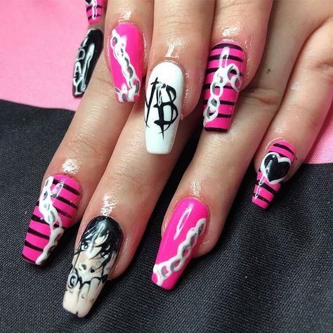 Like what you see? Follow me for more: @uhairofficial Yungblud Nails, Punk Nails, Inspired Nails, Nail Designs Spring, Pink Design, Cute Acrylic Nails, Sparkling Crystal, Nail Artist, Signature Style