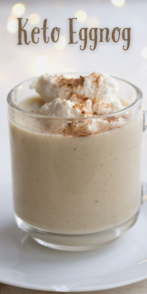 Close up shot of a glass of eggnog with whipped cream and nutmeg sprinkled on top. Keto Egg Nog, Almond Milk Egg Nog, Keto Eggnog, Keto Beverages, Keto Favorites, Eggnog Drinks, Homemade Eggnog, Keto Cocktails, Keto Holiday