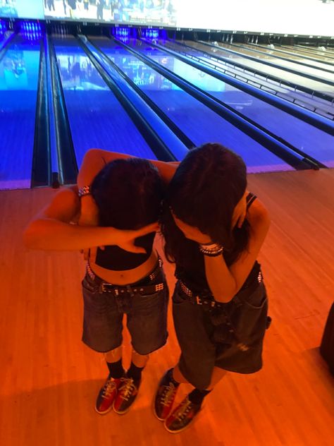 Stud belt with jort.
Bowling alley
Euphoric
Besties 
Besties poses Bowling Pics, Bowling Alley Outfit, Bowling With Friends Aesthetic, Aesthetic Bowling Pictures With Friends, Bowling Outfit Aesthetic, Aesthetic Bowling Pictures, Bowling Aesthetic, Bowling Outfit Ideas, Vintage Bowling Alley Aesthetic