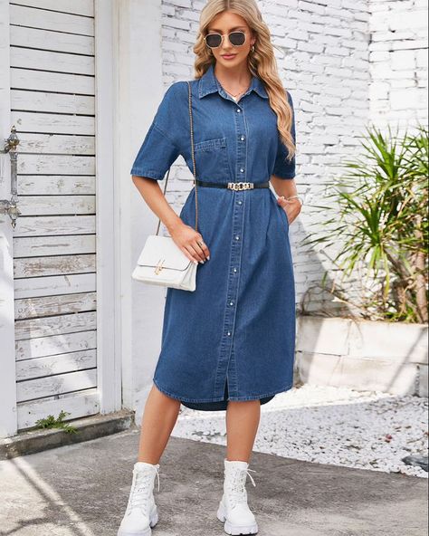 https://passionatelypurefashion.com/products/button-down-half-sleeve-denim-dress #modesty #modestfashion #modestfashionista #purity #passionatelypurefashion #dressoftheday #christianwoman #christian Jeans Dresses For Women, Denim Dress Outfit, Maternity Intimates, Formal Maternity Dress, Denim Outfits, Denim Dresses, Quick Outfits, Denim Shirt Dress, Maxi Dress Cocktail