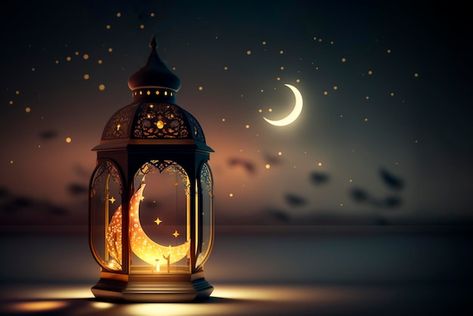 Ramadan lantern with crescent moon on ni... | Premium Photo #Freepik #photo #eid-greetings #bayram #eid-card #islamic-lamp Ramadan Cover Facebook, Islamic Baground Picture, Ramadan Photos Beautiful, Ramadan Crescent Moon, Ramadan Background Wallpapers, Ramadan Picture, Fanos Ramadan, Ramzan Image, Ramadan Background Design