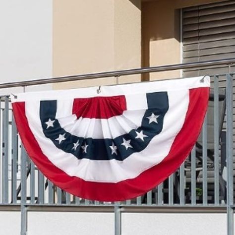 American Flag Bunting Patriotic Pleated Half Fan Flag Usa Porch Red White And Blue Bunting 3x6 Feet Set Of 1 The Us Flag Is Made Of Oxford Nylon Polyester. It Can Be Displayed Indoors Or Outdoors. The Size Of American Bunting Banner Is 3 X 6 Feet (Set Of 1). The National Flag Is Embroidered With White Stars, Red, White And Blue Stripes. Bunting Has 3 Brass Grommet, Perfect For Easy Hanging On Awnings, Front Porches, Fireplace Railing And So On. Perfect Decoration For Your Garden, Porch, Office, American Flag Bunting, American Flag Banner, Patriotic Bunting, Wall Table Decor, Blue Bunting, Memorial Day Decorations, Bunting Flag, Purple Balloons, Patriotic Party