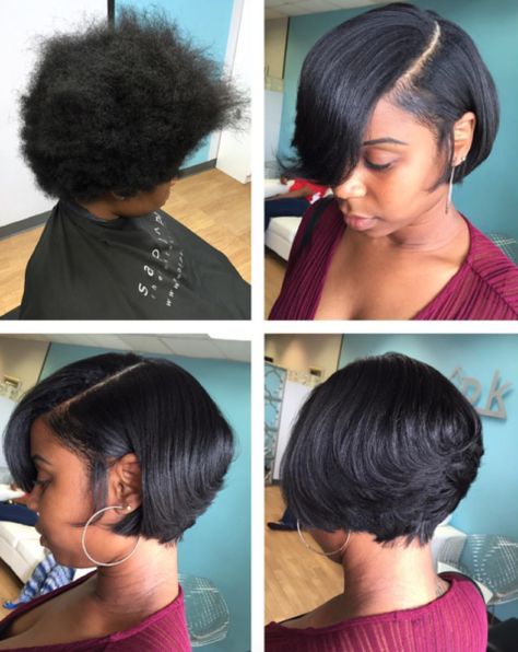 Hair transformation via @lisavirgo - Black Hair Information Weave Bob Hairstyles, Brunette Short, Hairstyles Brunette, Black Bob Hairstyles, Straightening Natural Hair, Short Black Hair, Bob Hairstyles With Bangs, Pelo Afro, Sassy Hair