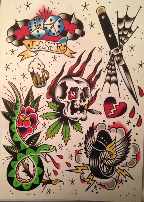 Traditional flash sheet #1 American Trad Flash Sheet, Old School Flash Sheet, American Flash Tattoo, Traditional Flash Art, Traditional Flash Sheet, American Traditional Flash Sheet, Oldschool Tattoo Traditional, Traditional Flash Tattoo, American Traditional Flash