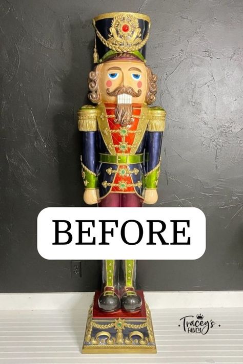 Nutcracker Painted On Shutter, Mackenzie Childs Nutcracker Diy, Diy Christmas Nutcracker Decorations, Repainting A Nutcracker, Nutcrackers Makeover, How To Repaint A Nutcracker, Repainting Nutcrackers, Repaint Nutcracker, Spray Painted Nutcracker