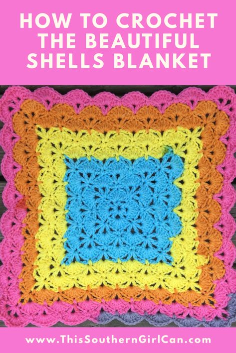 Crochet The Beautiful Shells Blanket Shell Stitch Blanket Pattern, Crochet Blanket Bag Free Pattern, Easy Crochet Baby Blanket Free Pattern, Crochet Shell Blanket, Crochet Shells, Yarn Room, Crochet Shell Pattern, Shell Crochet, Crochet Nursery Decor