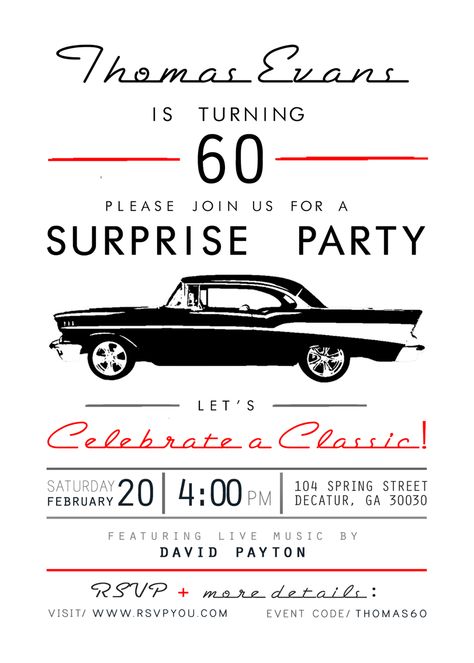 60th Birthday Party custom invitation design | Jordan Evans Design Classic 60th Birthday Party, 55 Party Ideas For Men, 60s Themed Birthday Party For Men, Sixty Birthday Ideas For Men Dads, Men’s 60th Birthday Ideas, 60 Birthday Themes For Men, 60s Invitation Design, 60th Birthday Classic Car Theme, 60th Birthday Themes For Dad