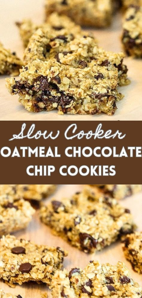 Pictures of oatmeal chocolate chip cookies on top and bottom with text overlay in the middle. Instant Pot Slow Cooker Recipes, Chocolate Chip Oatmeal Cookies Healthy, Bar Cookie Recipes, Slow Cooker Oatmeal, Christmas Dessert Ideas, Bake Gluten Free, Lauren Kelly, Paleo Cookies, Instant Pot Slow Cooker