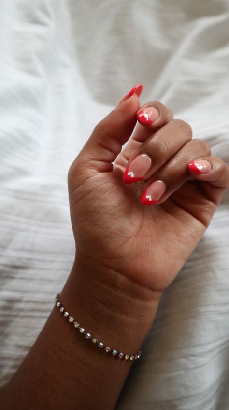 Black girl valentine's inspired nails. French tips and hearts. French aesthetic. French Tips White, Red French Tips, Nails French Tips, Black French Nails, French Aesthetic, Red French, Inspired Nails, White Hearts, Nails French