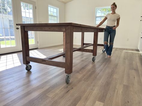 DIY Large Work Table | Free Plans! - Home With Stefani Diy Work Table, Router Table Top, Garage Workbench Plans, Table On Wheels, Special Walnut Stain, Build A Table, Butcher Block Island, List Of Tools, Workbench Plans