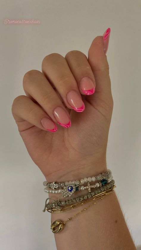 Pink Swirl French Tip Nails, French Tip With Squiggles, Aubrey Nails, Swirl French Tip Nails, Squiggle Nails, Ring Finger Design, Swirly Designs, Summer Acrylic, 2024 Nails