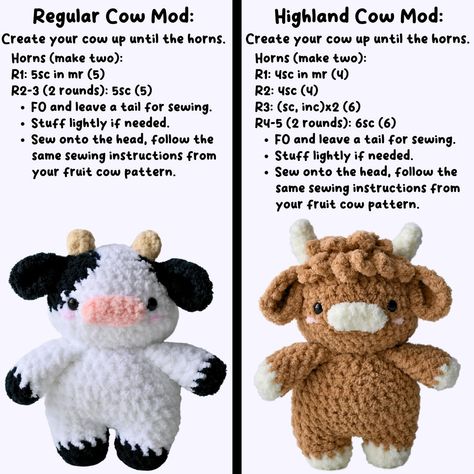 FREE MOD!✨🐮🤠 Hi hi! Here’s a quick free mod to create these cute “normal” cows! You will need one of my fruit cow patterns to create these which you can find on my Etsy or Ribblr shop😋 they will work with any fruit cow pattern, the only change is the horns (and colors but those are up to you)! I love the look of these cows😍💖 let me know if you have any questions & I can’t wait to see all your plushies!🐮💕 🏷️ #crochet #crochetpattern #crochetpattens #crochetcow #amigurumi #amigurumicow #amig... Longhorn Cow Crochet Pattern, Crochet Cow Horns Free Pattern, Small Cow Amigurumi Free Pattern, Amigurumi Free Pattern Cow, Crochet Patterns Plushies Free, Crochet Horns Free Pattern, Free Crochet Patterns Stuffed Animals, How To Crochet A Cow, Cute Crochet Ideas Amigurumi