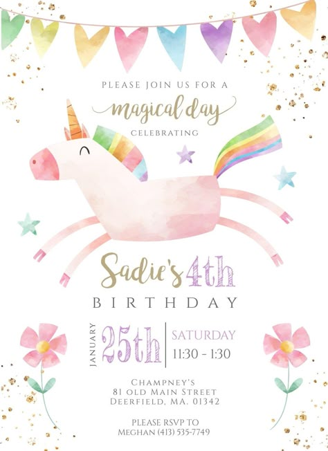 The Complete Guide to Having The Best Unicorn Themed Party Ever! Unicorn Themed Birthday Party Invitation, Unicorn Birthday Party Invite, Rainbow Unicorn Birthday Party Ideas, Unicorn Birthday Invitations Free, Unicorn Invitation Template Editable, Unicorn 5th Birthday Party, Unicorn Invitation Template, Birthday Unicorn Theme, Unicorn Party Invitations