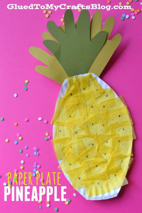 Simple summer craft: paper plate pineapple kids craft made with a paper plate, tissue paper, construction paper and glue! From Glued to My Crafts! Pineapple Craft, Fruit Crafts, Yellow Crafts, Nutrition Certification, Kid Craft, Paper Plate Crafts, Daycare Crafts, Plate Crafts, Classroom Crafts