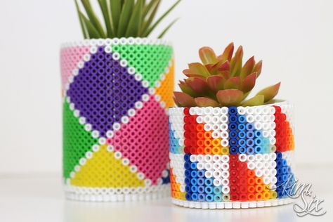 Turn meltable perler beads into three  dimensional cylinders.  Great to hold pencils or turn them into a planter or flower vase.  Kids will love them! Diy Candle Lantern, 3d Perler Bead, Decoupage Glass, Art Perle, Bird Cage Decor, Perler Crafts, Valentine Projects, Melty Beads, Hama Beads Patterns