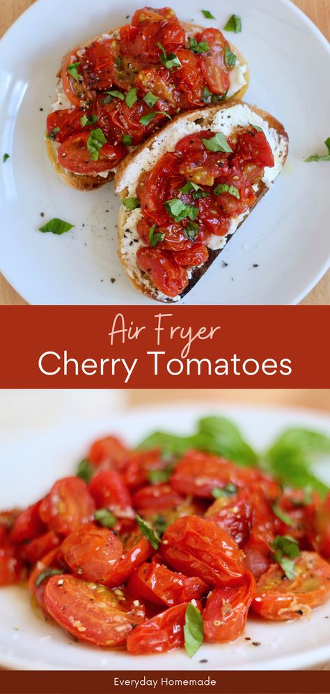 Discover a quick and easy side dish with these Air Fryer Cherry Tomatoes! This recipe brings out the natural sweetness of fresh garden tomatoes, roasted to perfection in the air fryer. Ideal as a healthy appetizer or summer side dish, garnished with fragrant basil for extra flavor. Roast Tomatoes In Air Fryer, Roasted Cherry Tomatoes Air Fryer, Air Fryer Cherry Tomatoes, Air Fryer Roasted Tomatoes, Tomatoes In Air Fryer, Air Fryer Tomatoes, Tomatoes Roasted, Roasted Vegetable Pasta, Cherry Tomato Recipes